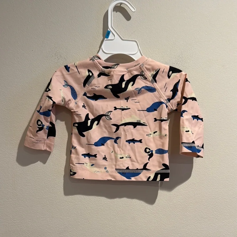 Hanna Anderson Pink and Blue Rashguard Swim Top Only with Whale Print 3-6 Months
